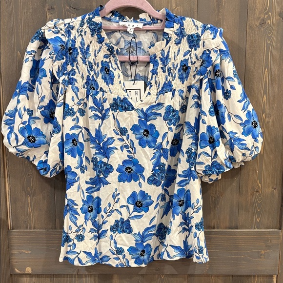 THML Tops - THML Blue Floral Smocked Puff-Sleeve Blouse on Cream